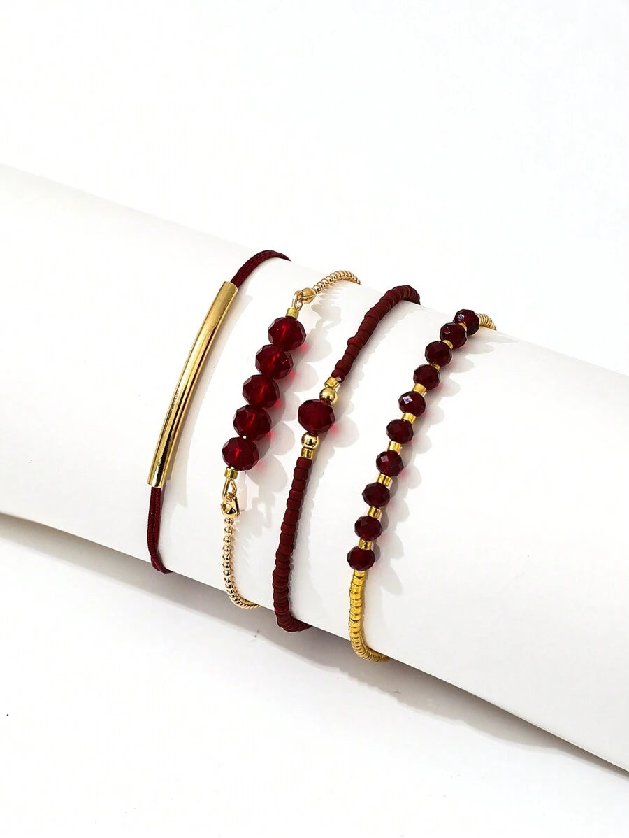 Fashion Wine Red Crystal Handmade Beads Bracelets Set
