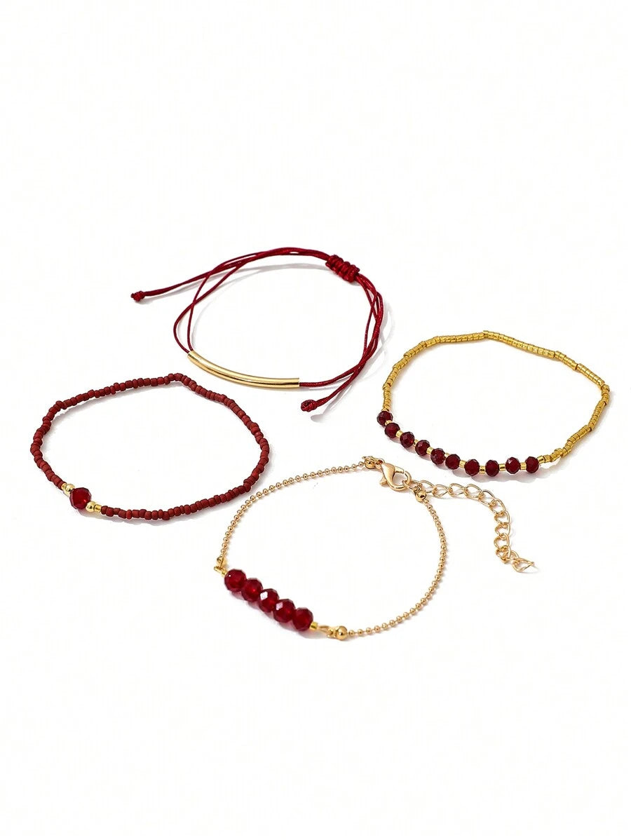 Fashion Wine Red Crystal Handmade Beads Bracelets Set