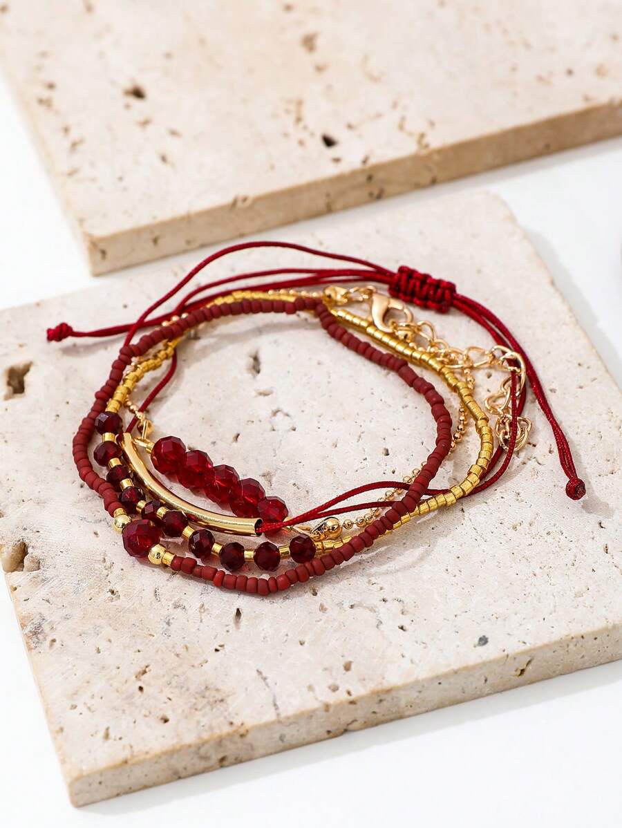 Fashion Wine Red Crystal Handmade Beads Bracelets Set