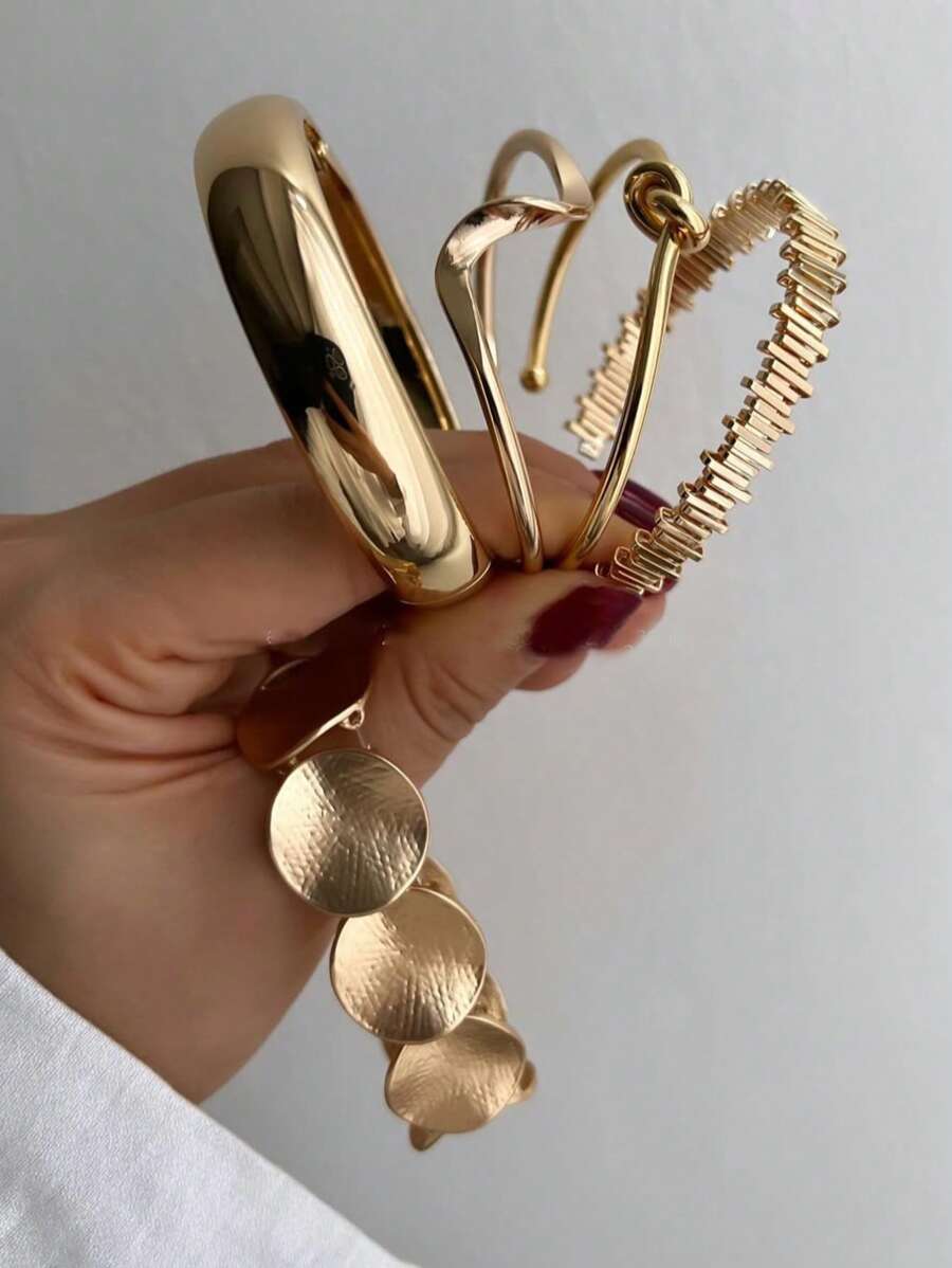Vintage Exaggerated Luxury Geometric Design Wide Metal Gold Bangle Set