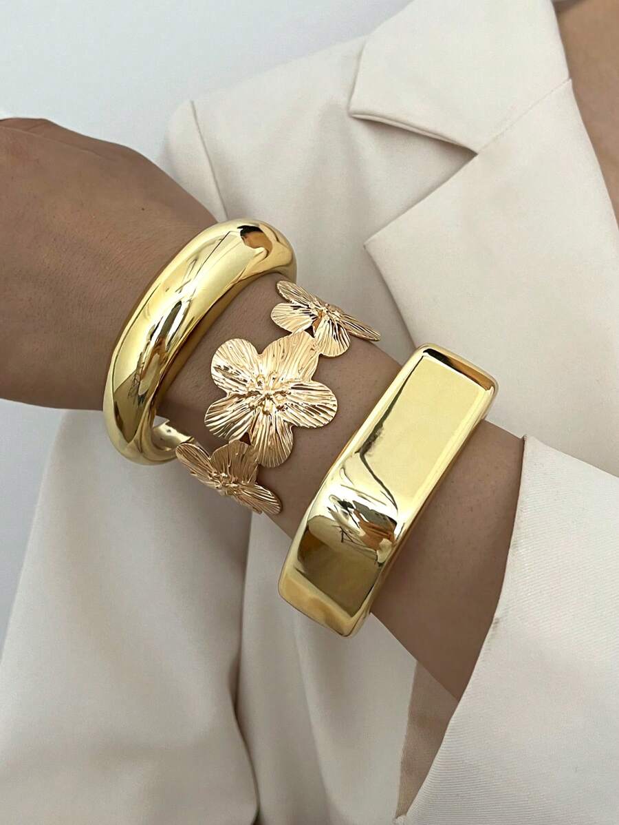 Vintage Exaggerated Luxury Geometric Design Wide Metal Gold Bangle Set
