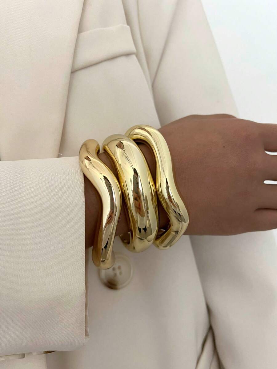 Vintage Exaggerated Luxury Geometric Design Wide Metal Gold Bangle Set