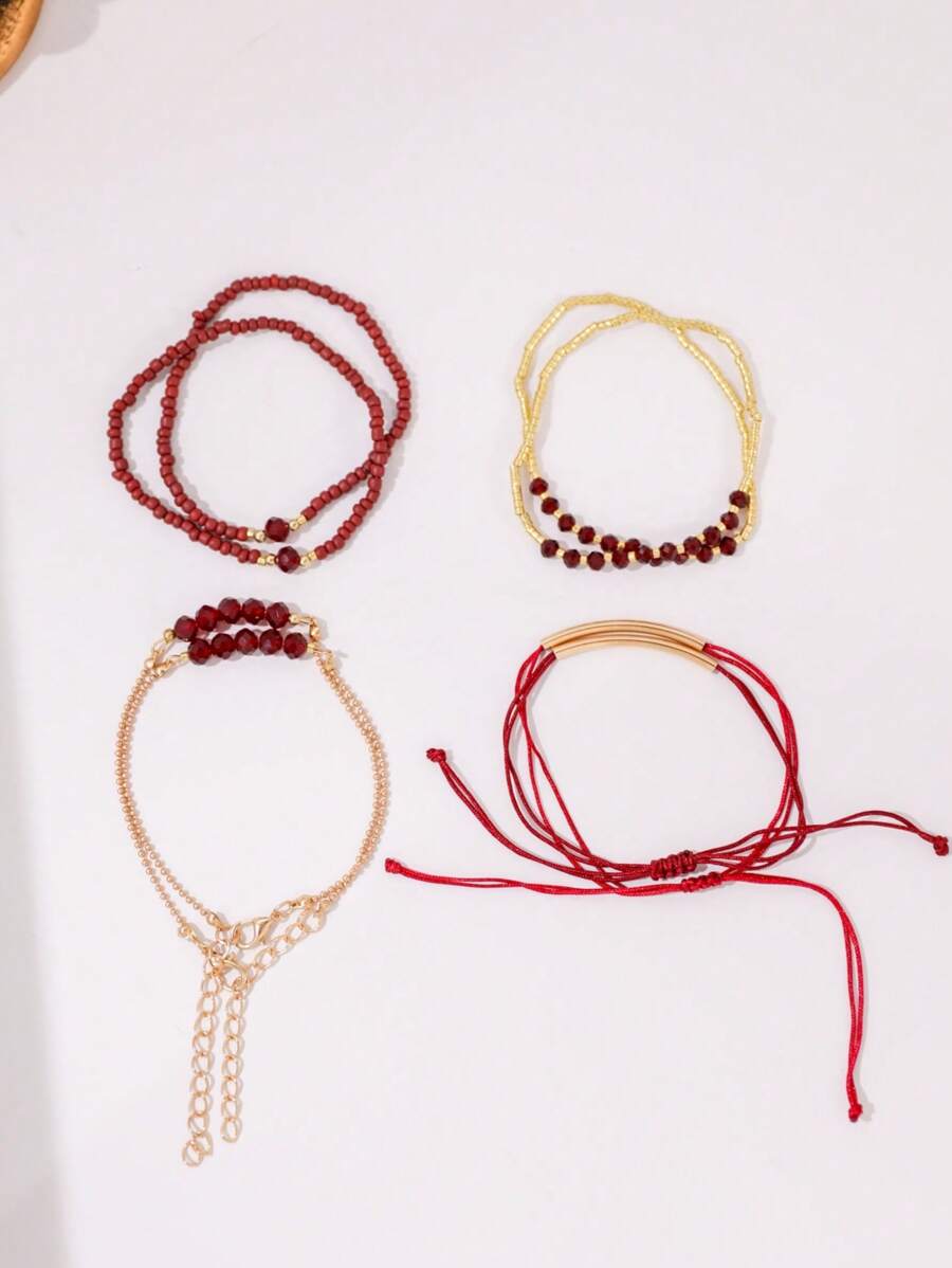 Fashion Wine Red Crystal Handmade Beads Bracelets Set