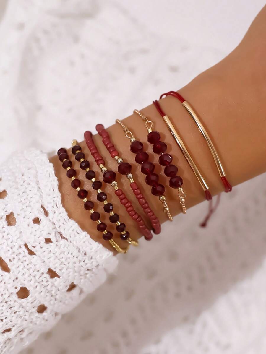 Fashion Wine Red Crystal Handmade Beads Bracelets Set
