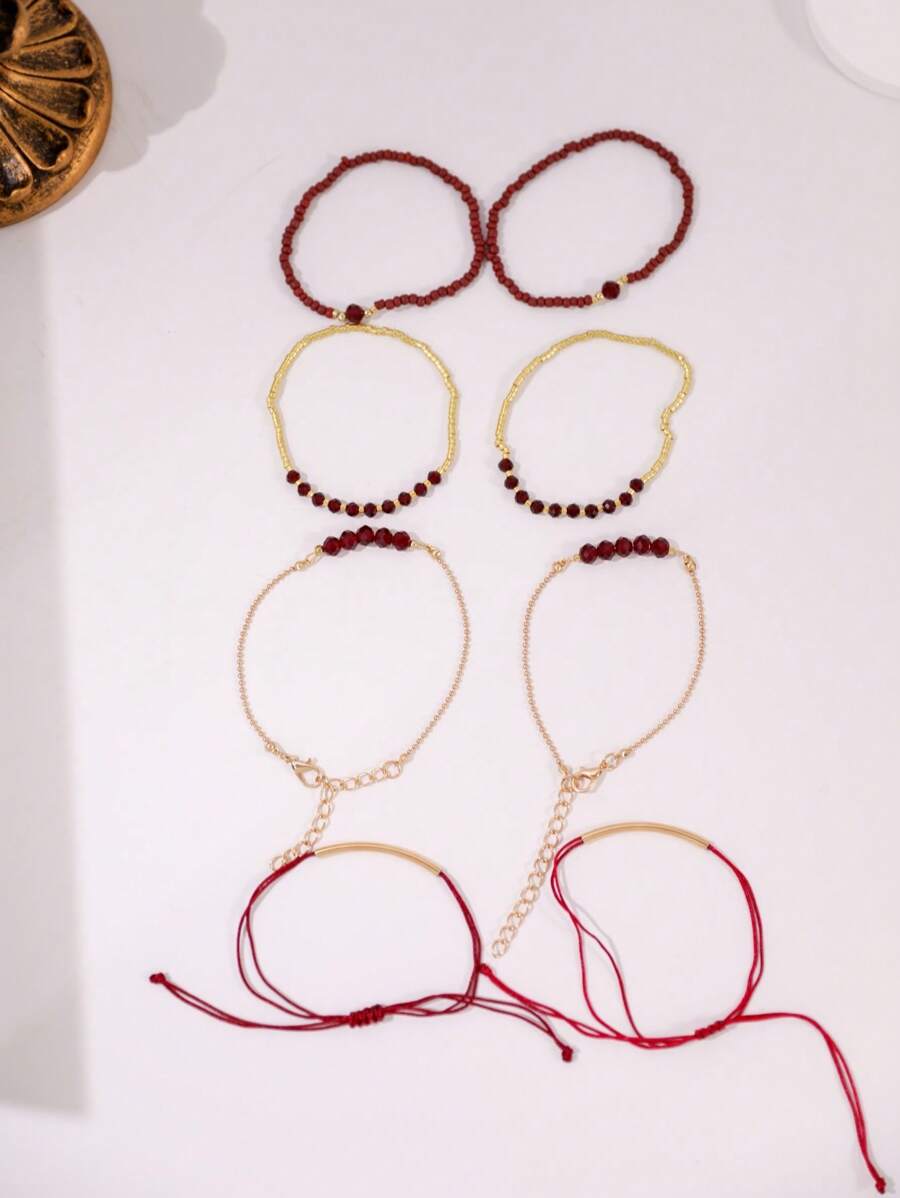 Fashion Wine Red Crystal Handmade Beads Bracelets Set