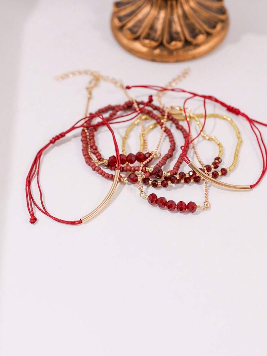 Fashion Wine Red Crystal Handmade Beads Bracelets Set