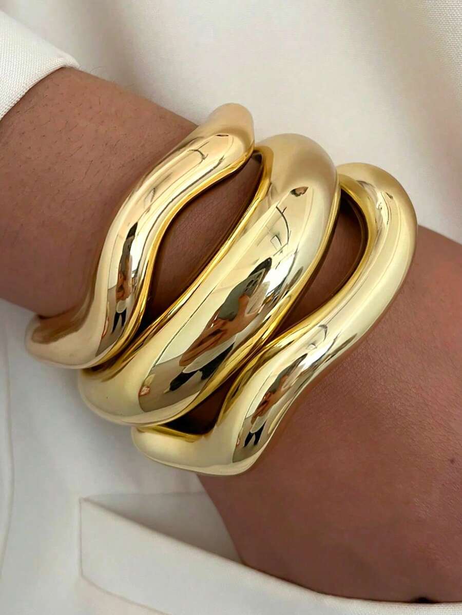 Vintage Exaggerated Luxury Geometric Design Wide Metal Gold Bangle Set