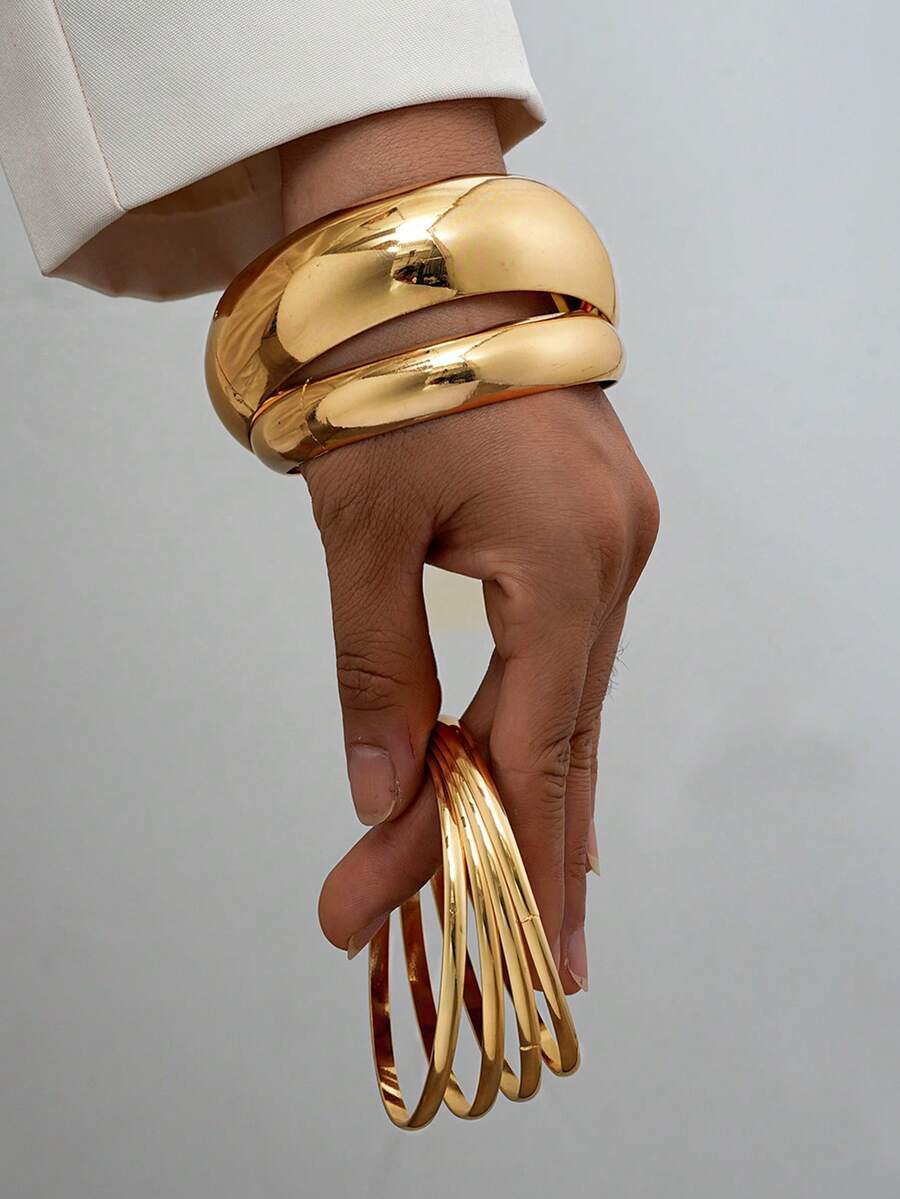 Vintage Exaggerated Luxury Geometric Design Wide Metal Gold Bangle Set