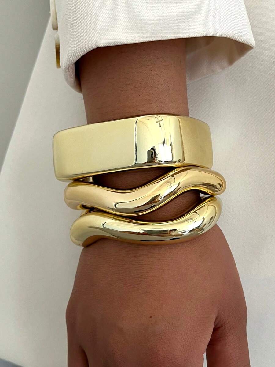 Vintage Exaggerated Luxury Geometric Design Wide Metal Gold Bangle Set