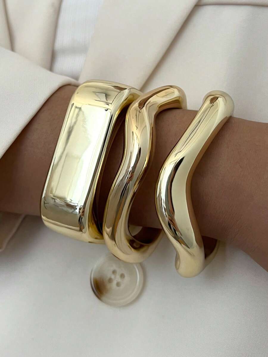 Vintage Exaggerated Luxury Geometric Design Wide Metal Gold Bangle Set