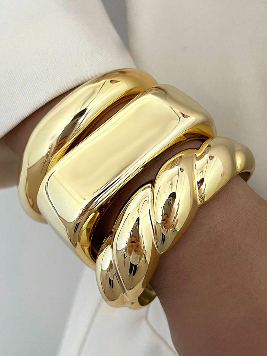 Vintage Exaggerated Luxury Geometric Design Wide Metal Gold Bangle Set