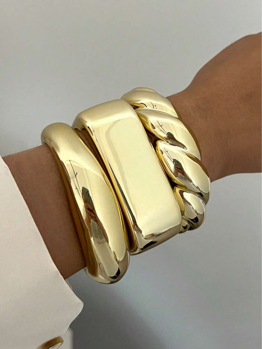Vintage Exaggerated Luxury Geometric Design Wide Metal Gold Bangle Set