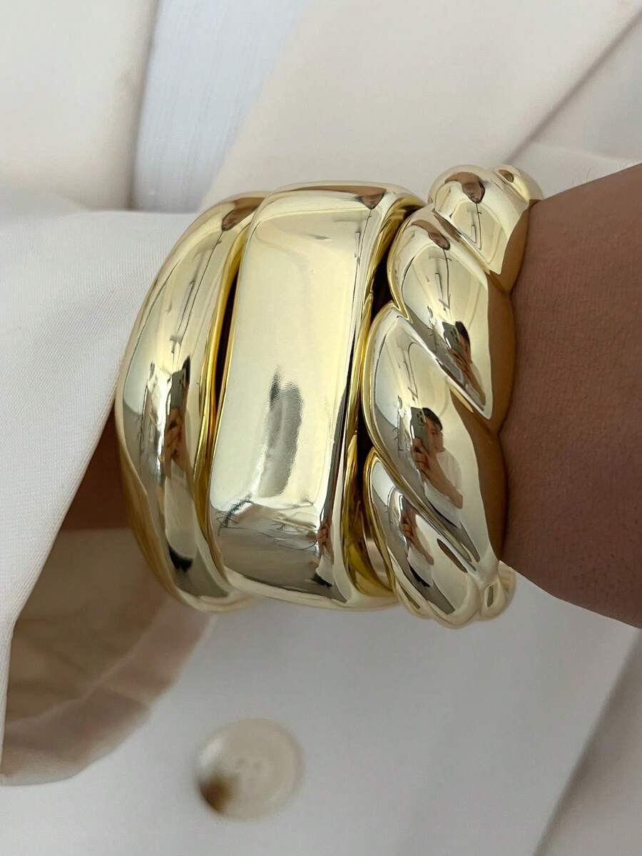 Vintage Exaggerated Luxury Geometric Design Wide Metal Gold Bangle Set