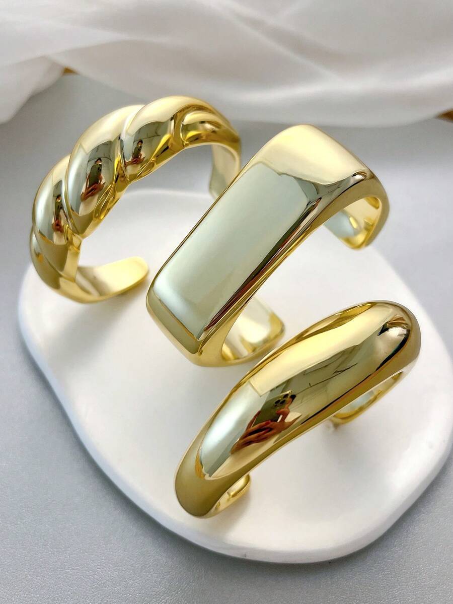 Vintage Exaggerated Luxury Geometric Design Wide Metal Gold Bangle Set