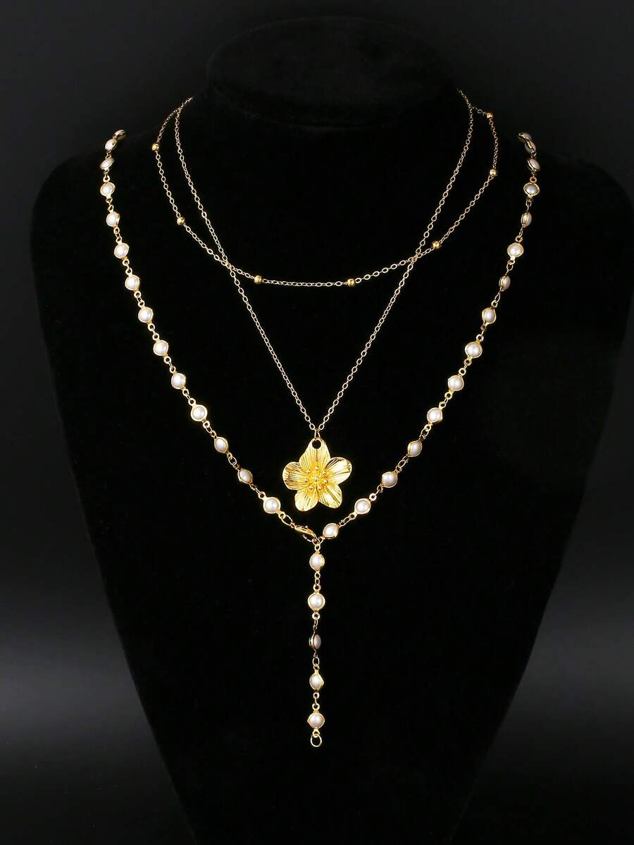 Fashionable Minimalist Bohemian Shell Flower & Faux Pearl Y-Necklace Set