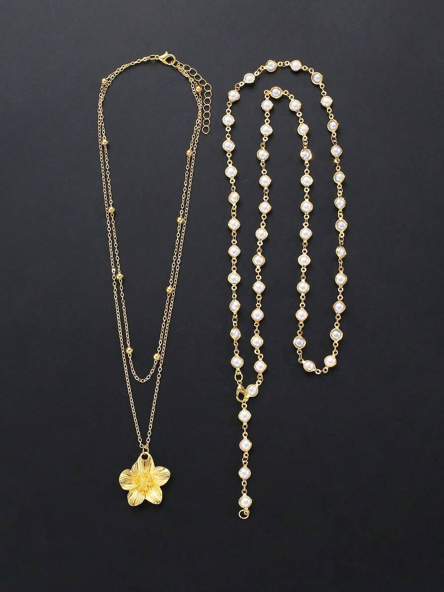 Fashionable Minimalist Bohemian Shell Flower & Faux Pearl Y-Necklace Set