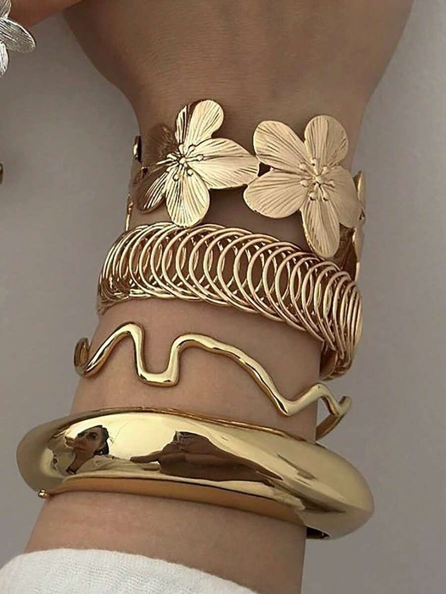 Vintage Exaggerated Luxury Geometric Design Wide Metal Gold Bangle Set