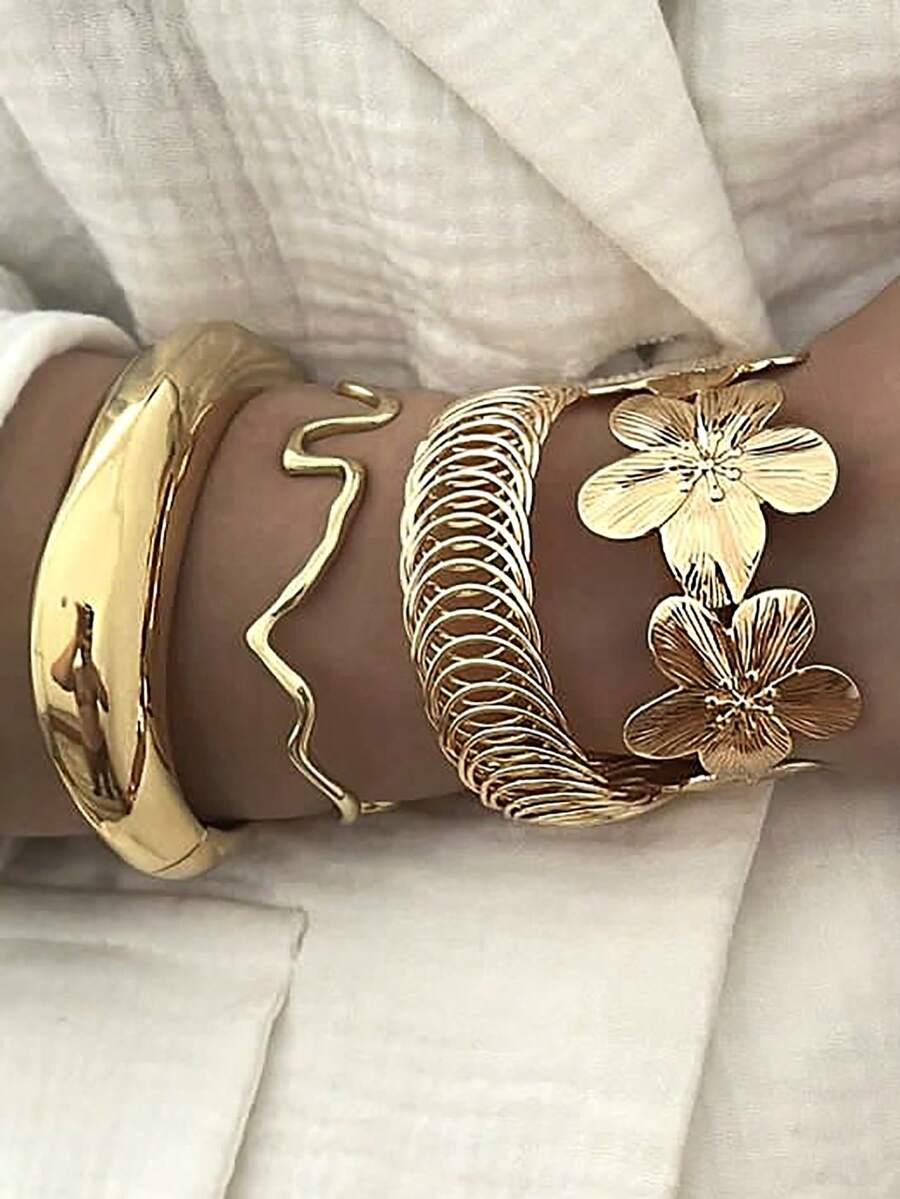 Vintage Exaggerated Luxury Geometric Design Wide Metal Gold Bangle Set