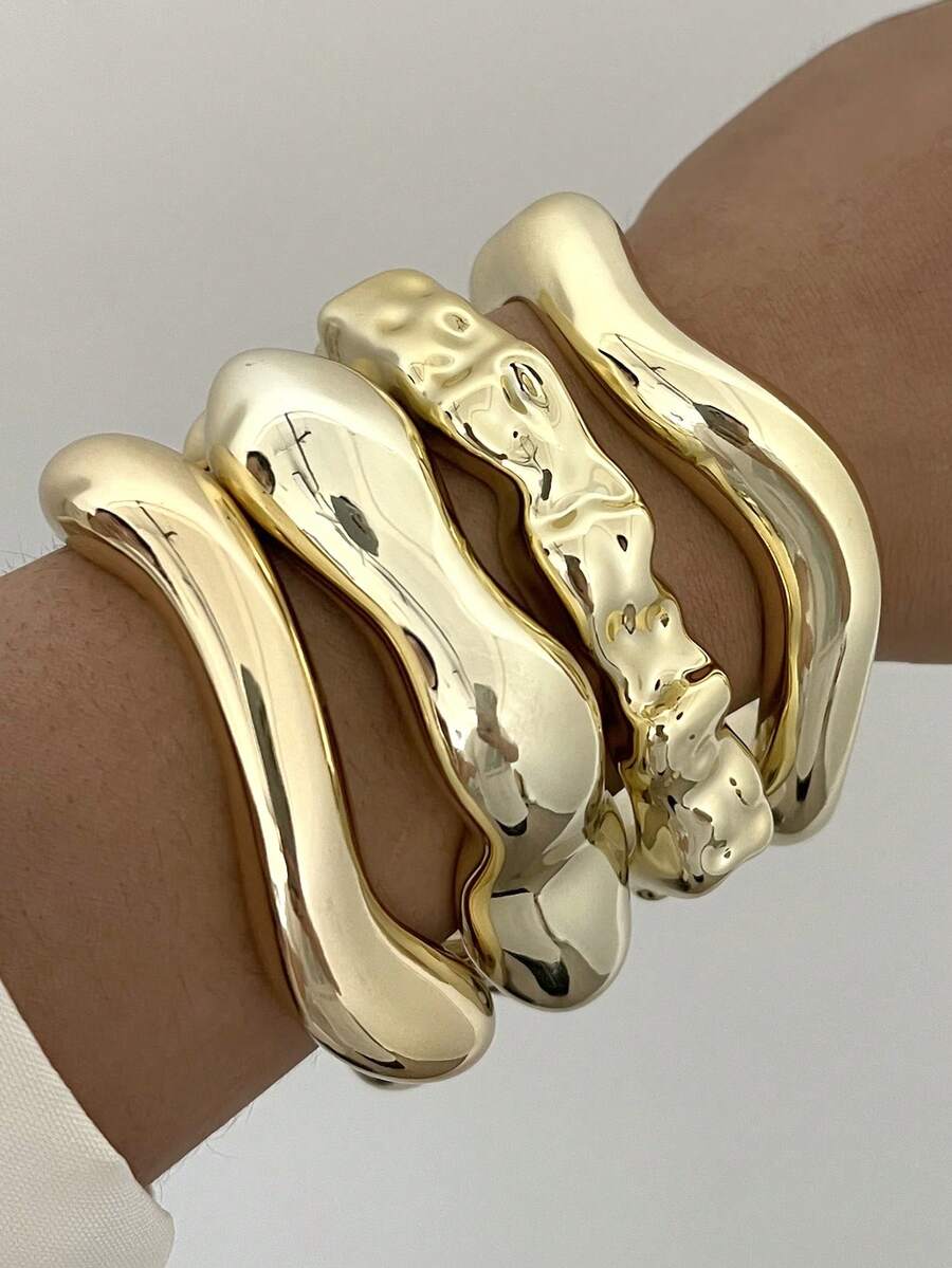 Vintage Exaggerated Luxury Geometric Design Wide Metal Gold Bangle Set
