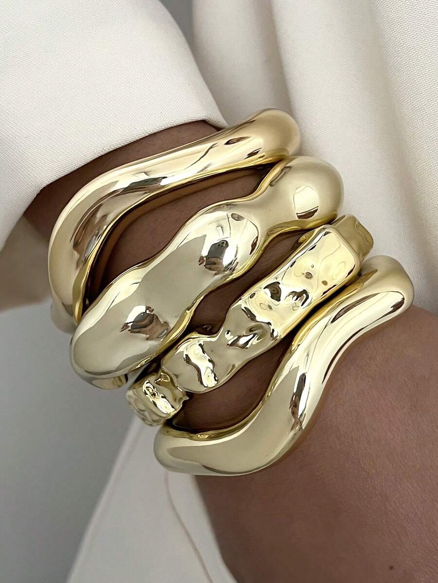Vintage Exaggerated Luxury Geometric Design Wide Metal Gold Bangle Set