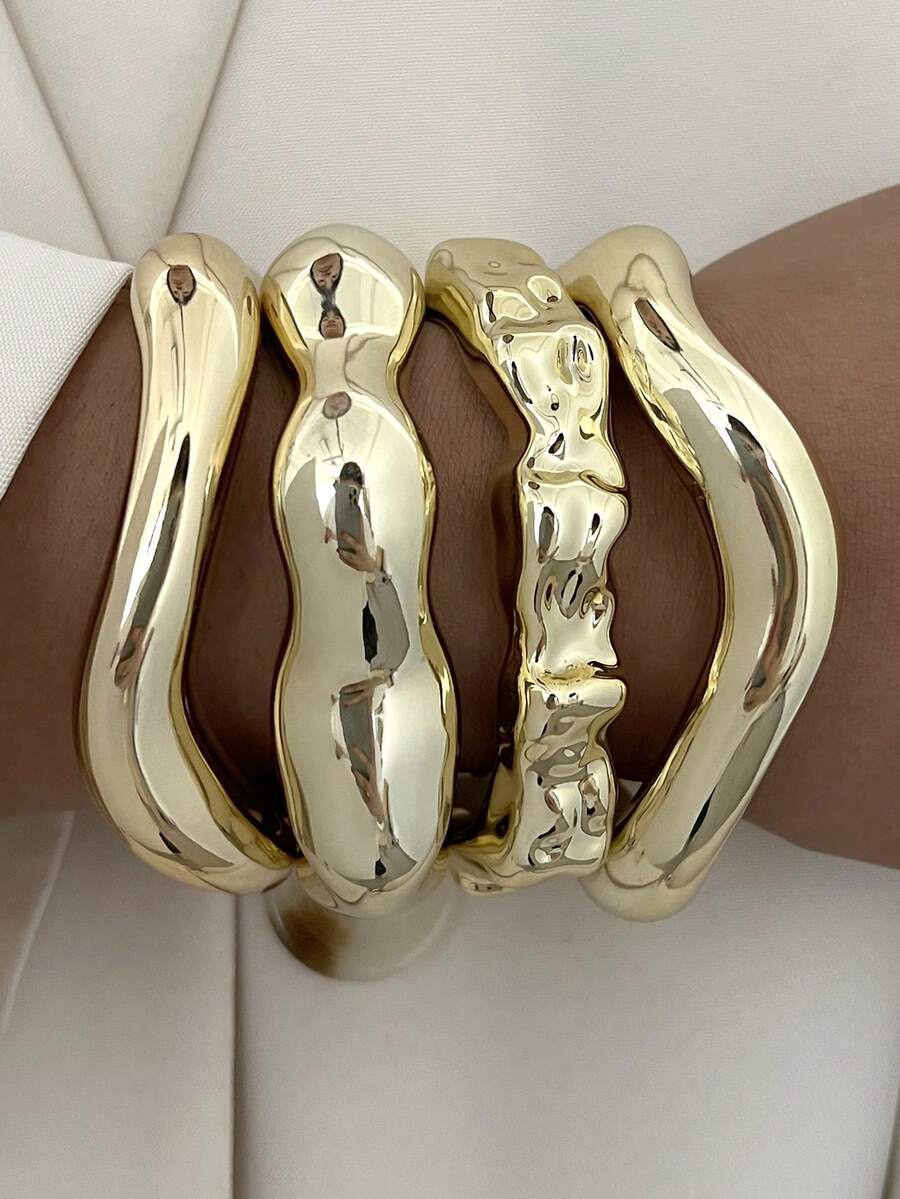 Vintage Exaggerated Luxury Geometric Design Wide Metal Gold Bangle Set