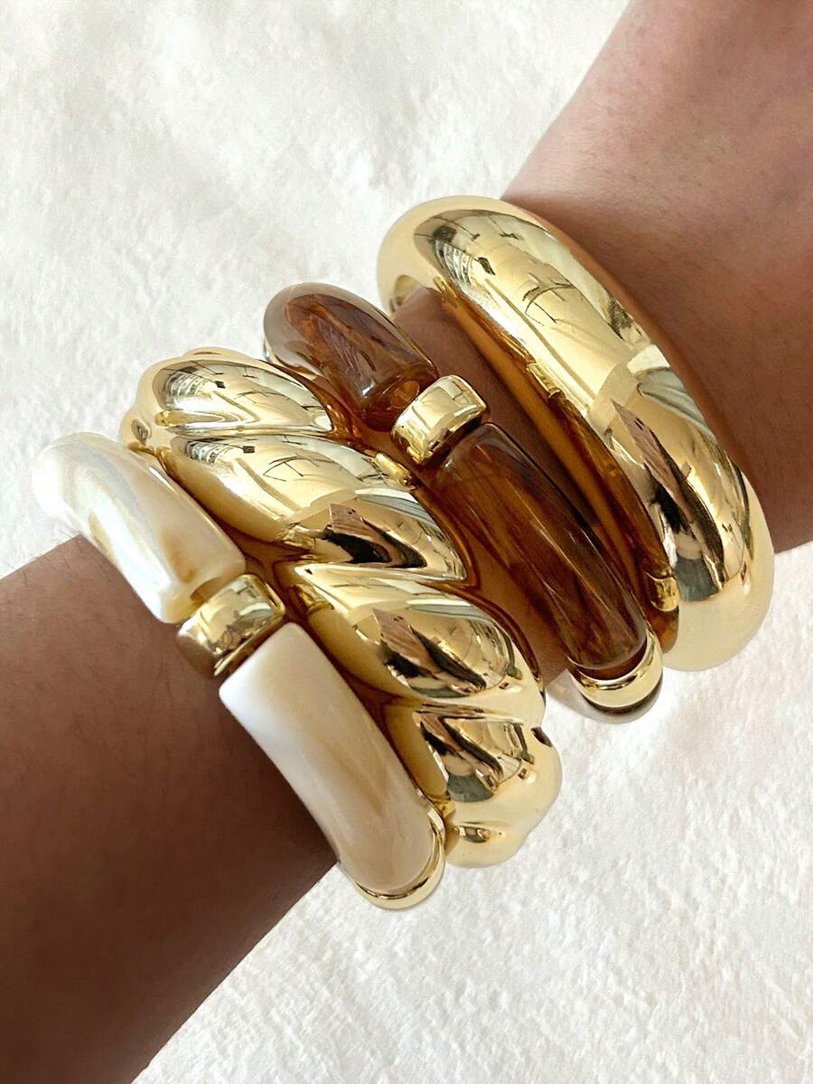 Vintage Exaggerated Luxury Geometric Design Wide Metal Gold Bangle Set