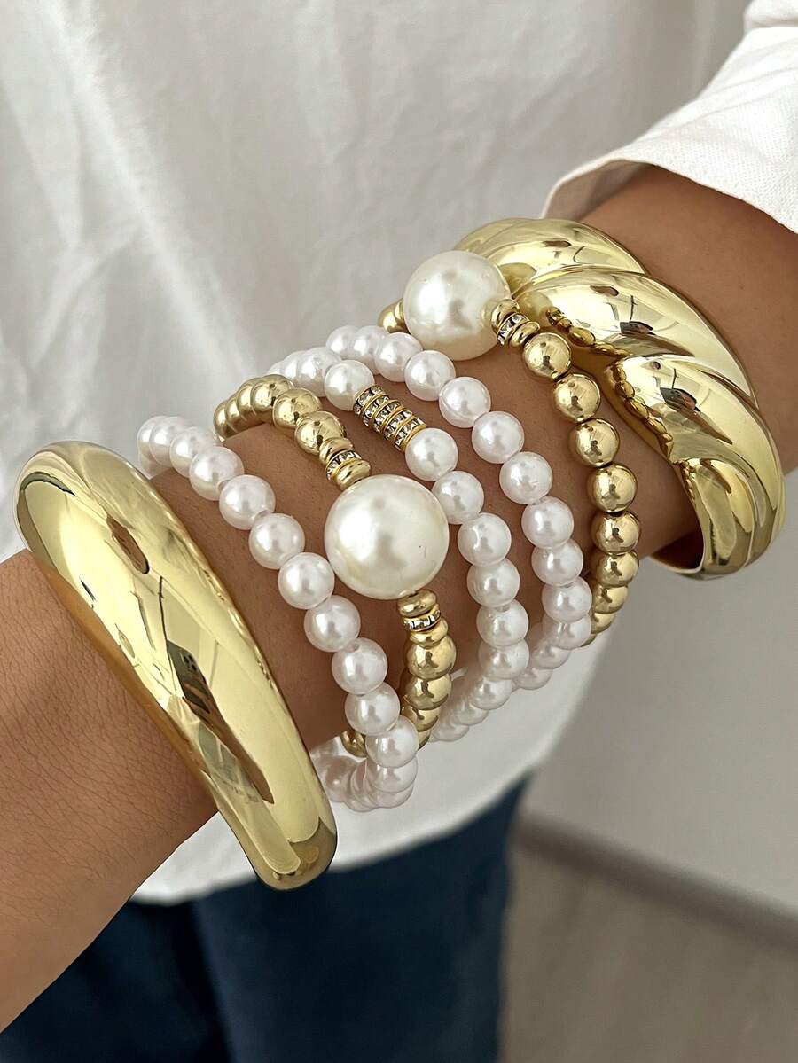 Vintage Exaggerated Luxury Geometric Design Wide Metal Gold Bangle Set