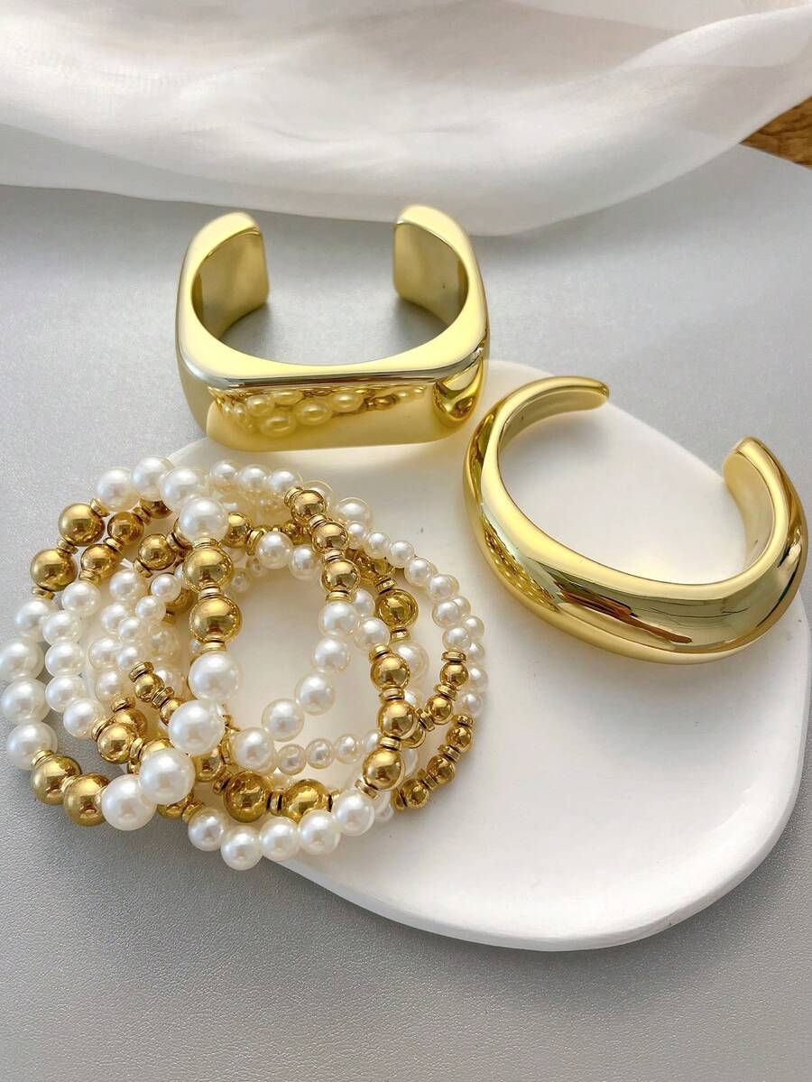 Vintage Exaggerated Luxury Geometric Design Wide Metal Gold Bangle Set