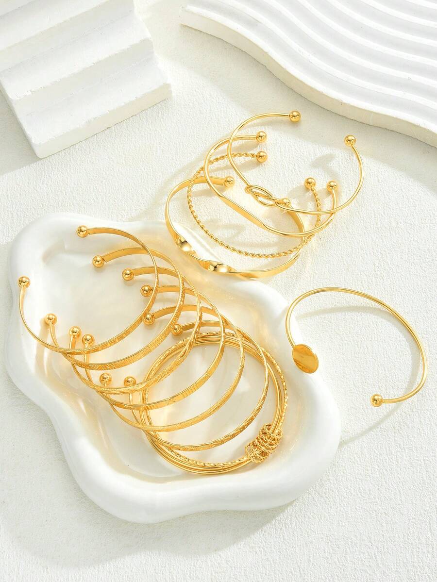 Vintage Exaggerated Luxury Geometric Design Wide Metal Gold Bangle Set