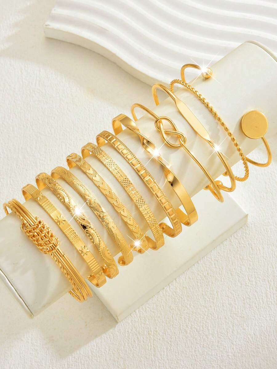 Vintage Exaggerated Luxury Geometric Design Wide Metal Gold Bangle Set