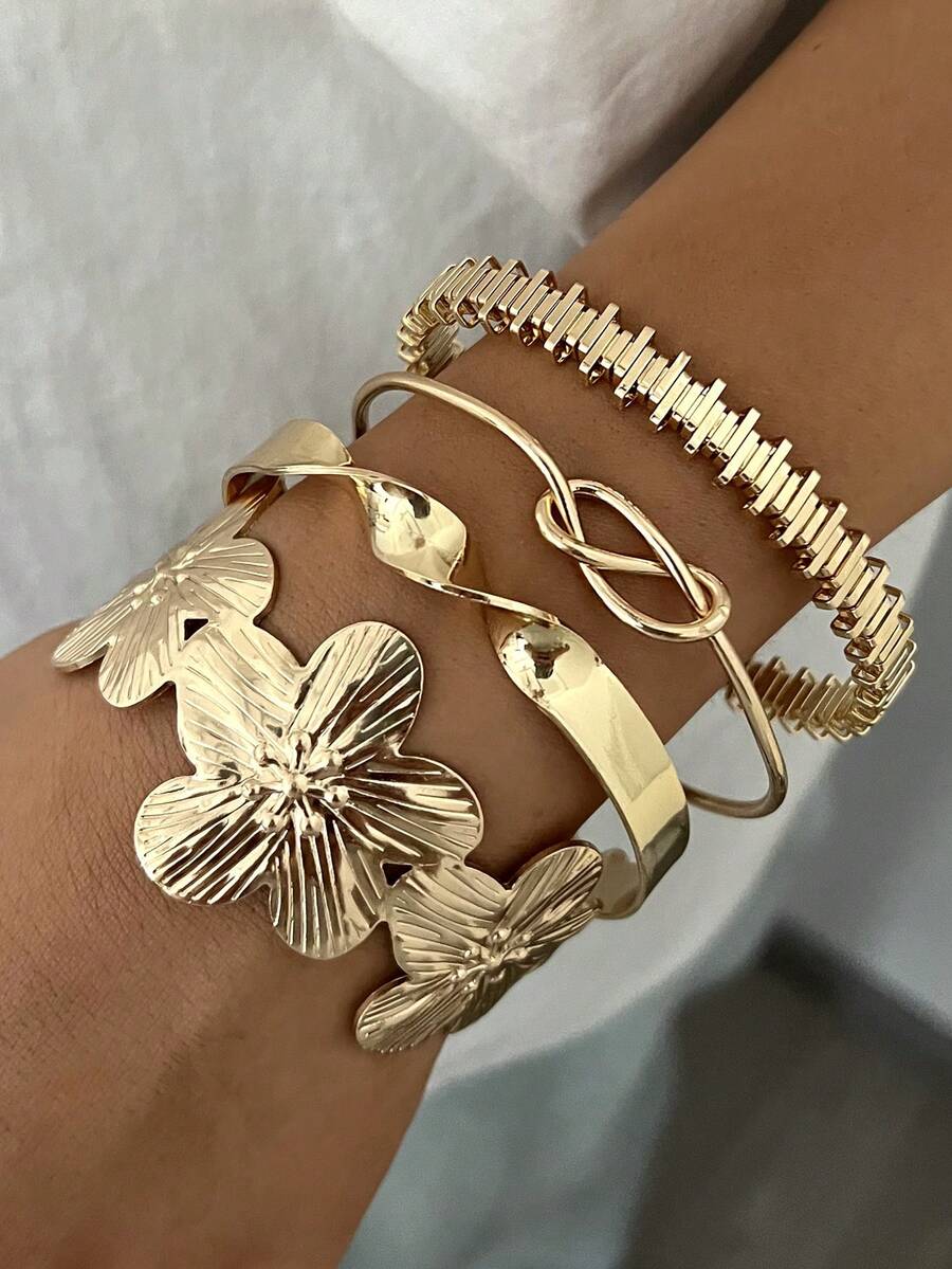 Vintage Exaggerated Luxury Geometric Design Wide Metal Gold Bangle Set