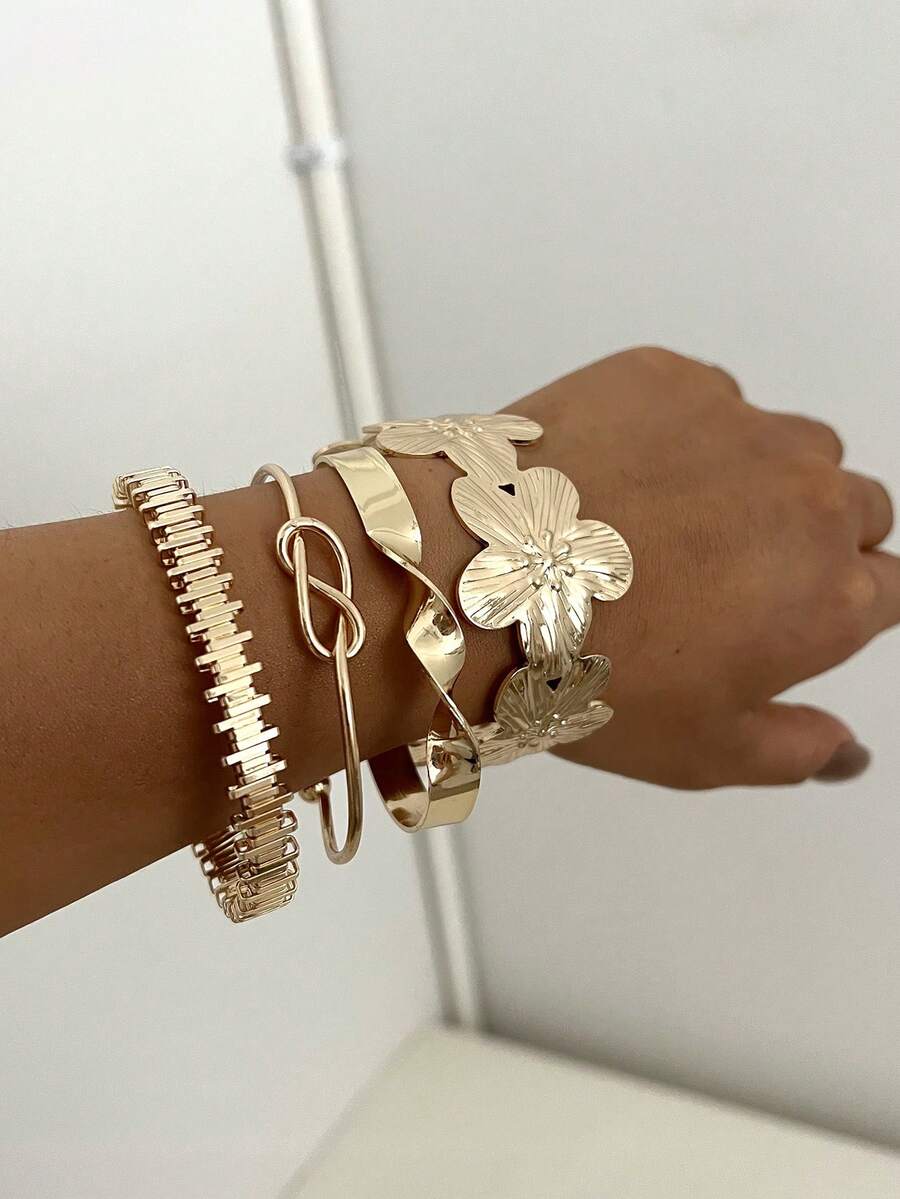 Vintage Exaggerated Luxury Geometric Design Wide Metal Gold Bangle Set