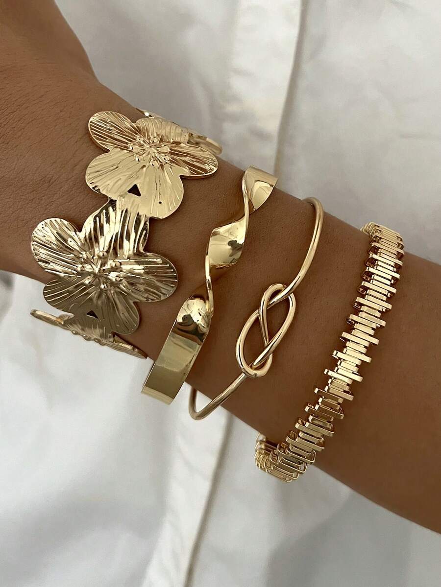 Vintage Exaggerated Luxury Geometric Design Wide Metal Gold Bangle Set