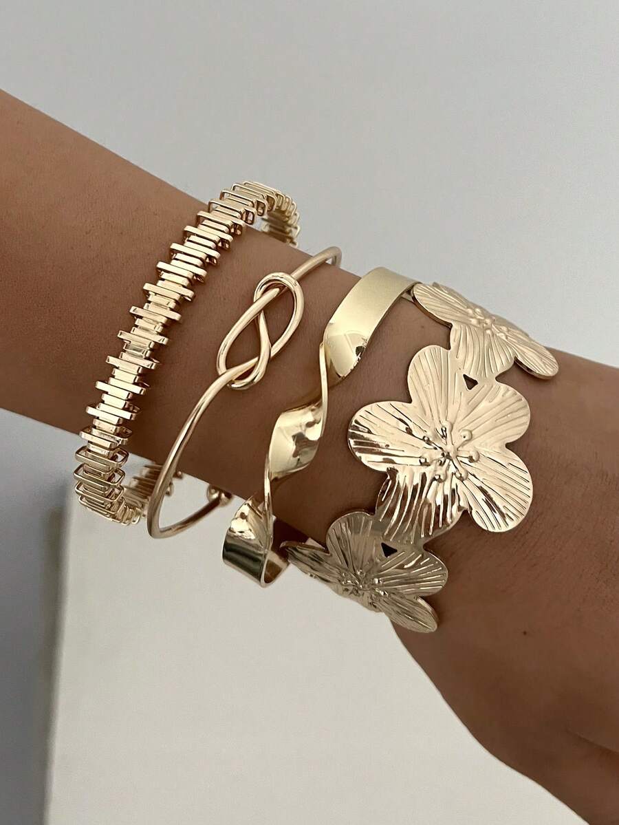 Vintage Exaggerated Luxury Geometric Design Wide Metal Gold Bangle Set