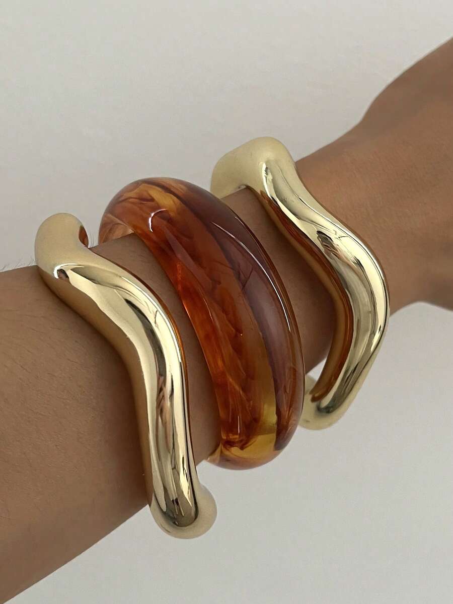 Vintage Exaggerated Luxury Geometric Design Wide Metal Gold Bangle Set