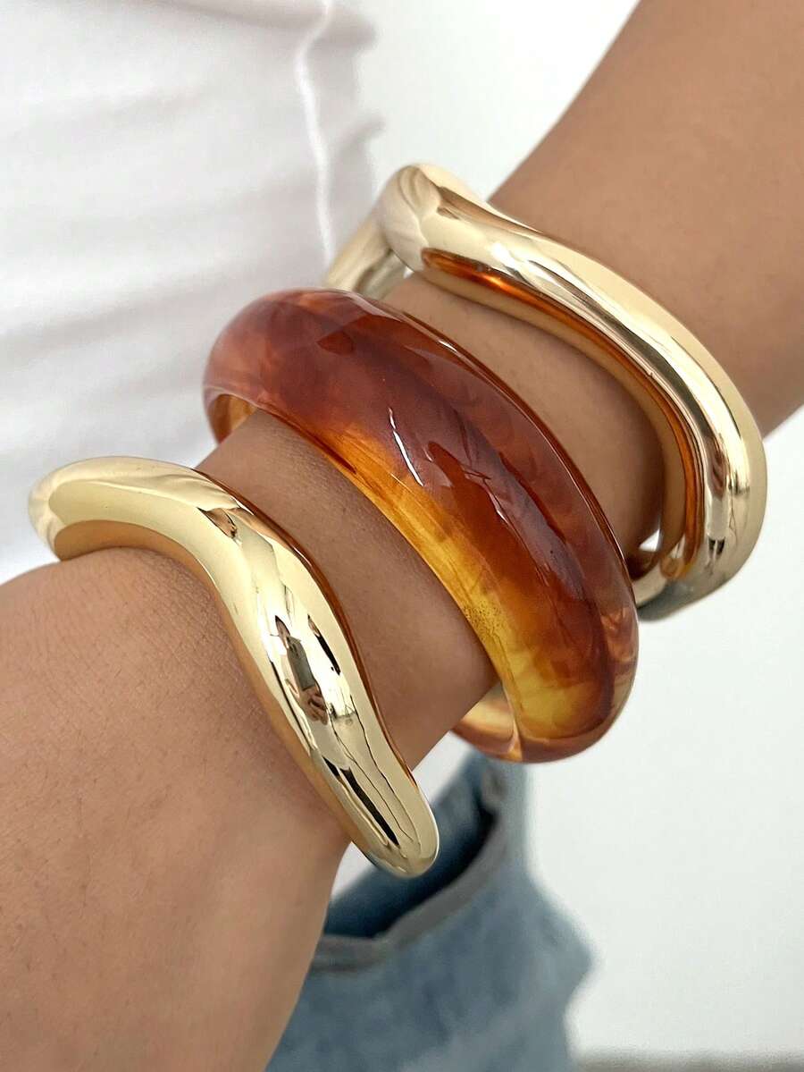 Vintage Exaggerated Luxury Geometric Design Wide Metal Gold Bangle Set
