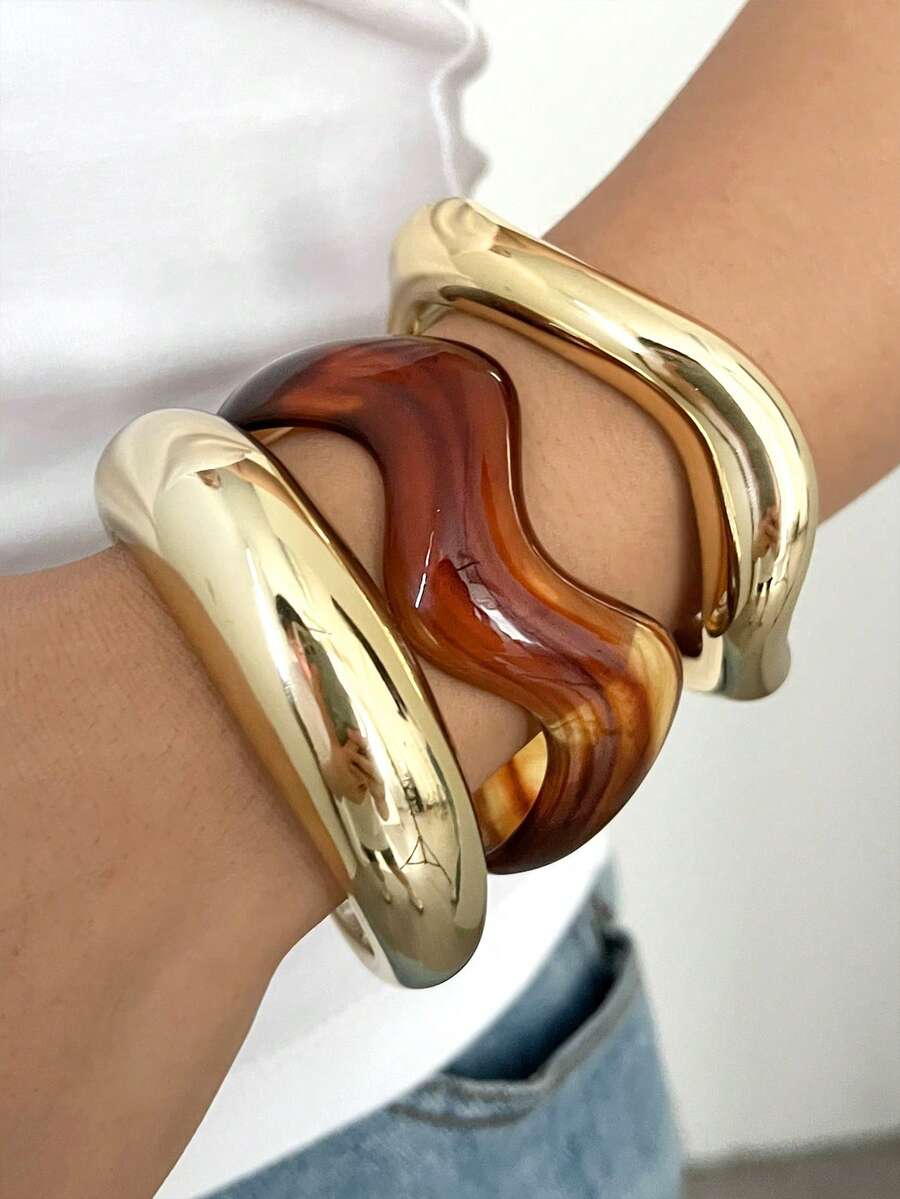 Vintage Exaggerated Luxury Geometric Design Wide Metal Gold Bangle Set
