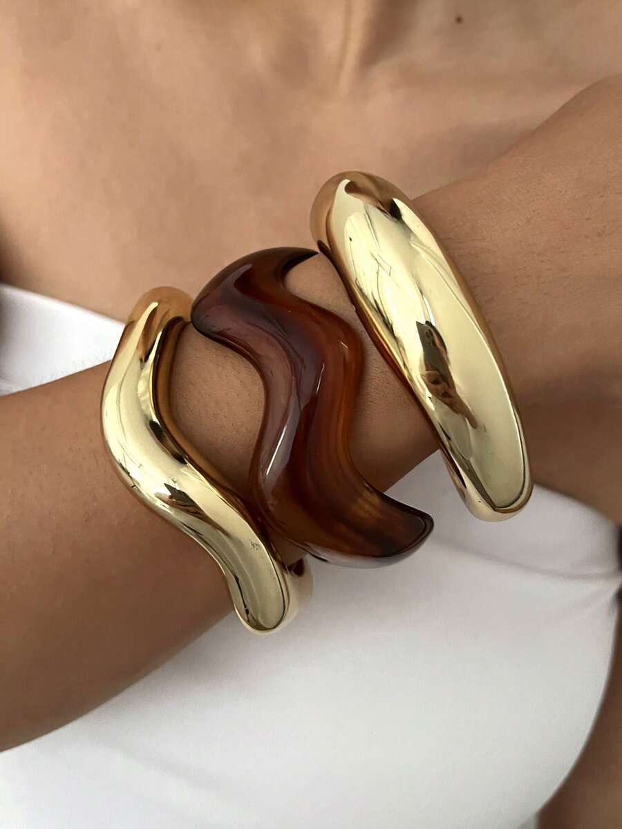 Vintage Exaggerated Luxury Geometric Design Wide Metal Gold Bangle Set