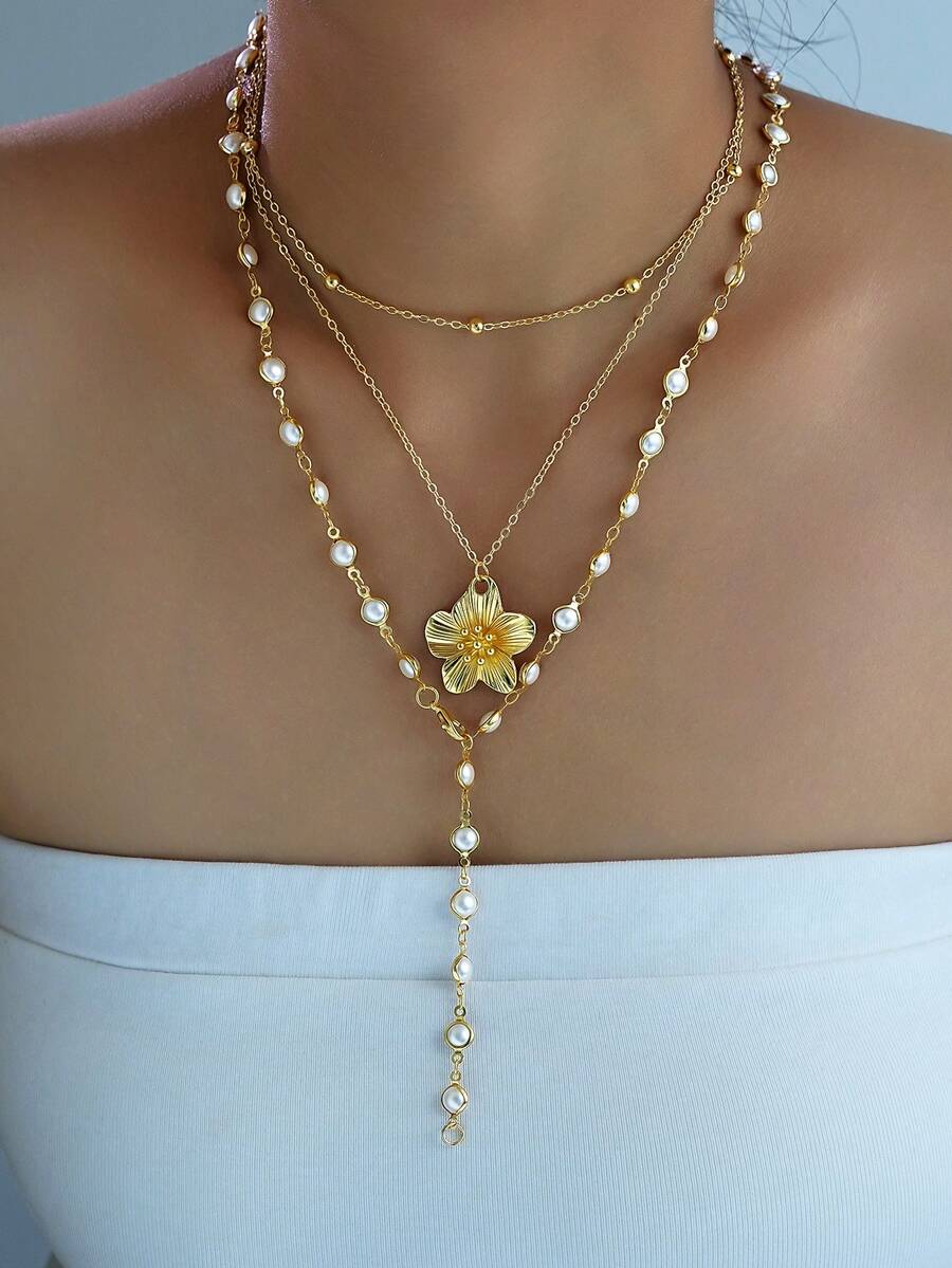 Fashionable Minimalist Bohemian Shell Flower & Faux Pearl Y-Necklace Set