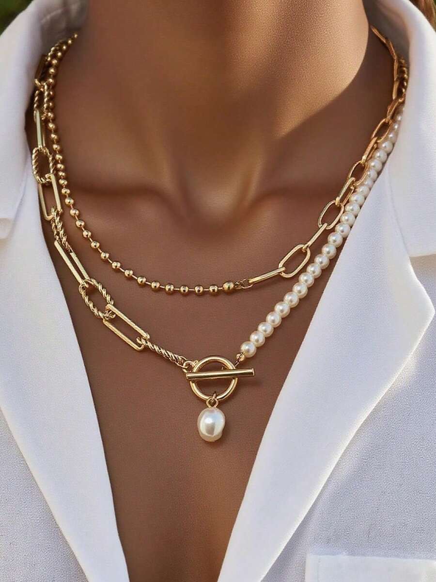 Fashionable Long Pearl Chain Necklace
