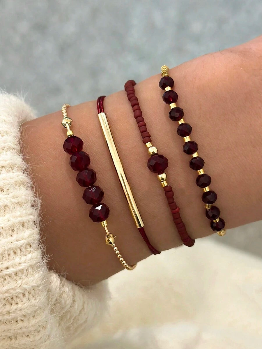 Fashion Wine Red Crystal Handmade Beads Bracelets Set