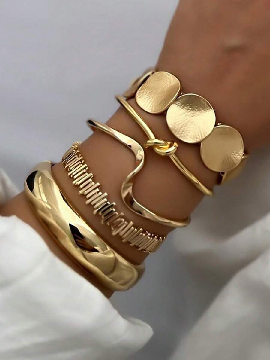 Vintage Exaggerated Luxury Geometric Design Wide Metal Gold Bangle Set