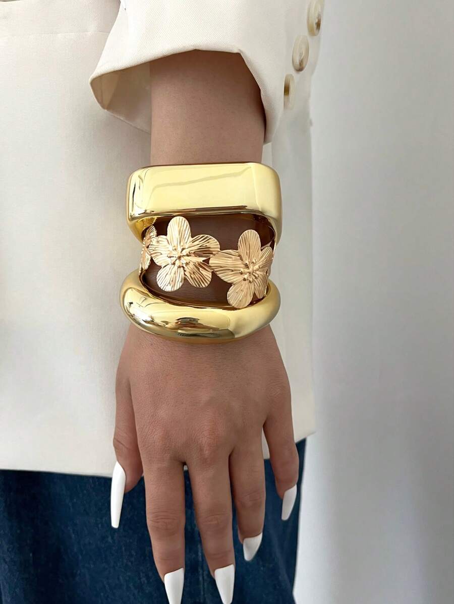 Vintage Exaggerated Luxury Geometric Design Wide Metal Gold Bangle Set