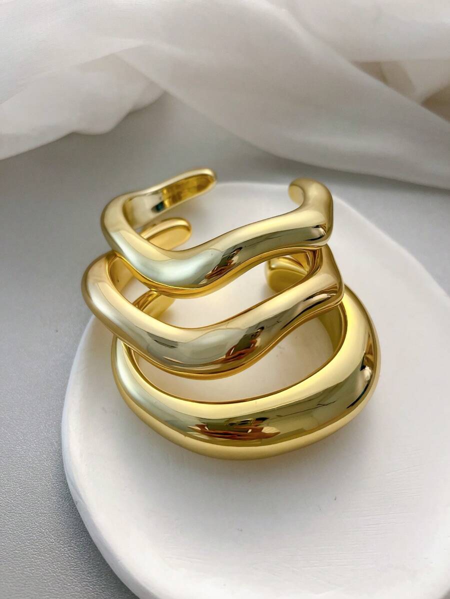 Vintage Exaggerated Luxury Geometric Design Wide Metal Gold Bangle Set
