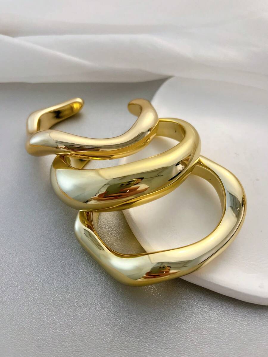Vintage Exaggerated Luxury Geometric Design Wide Metal Gold Bangle Set