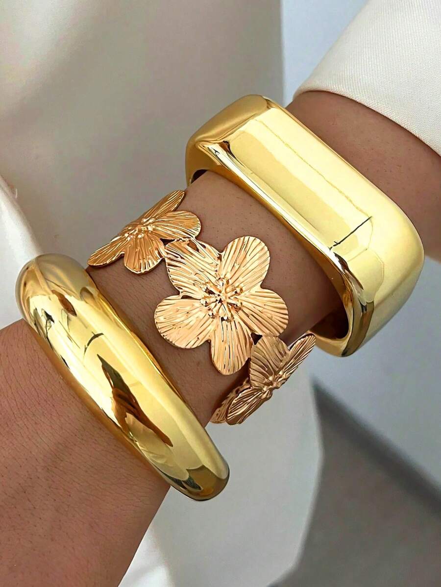 Vintage Exaggerated Luxury Geometric Design Wide Metal Gold Bangle Set