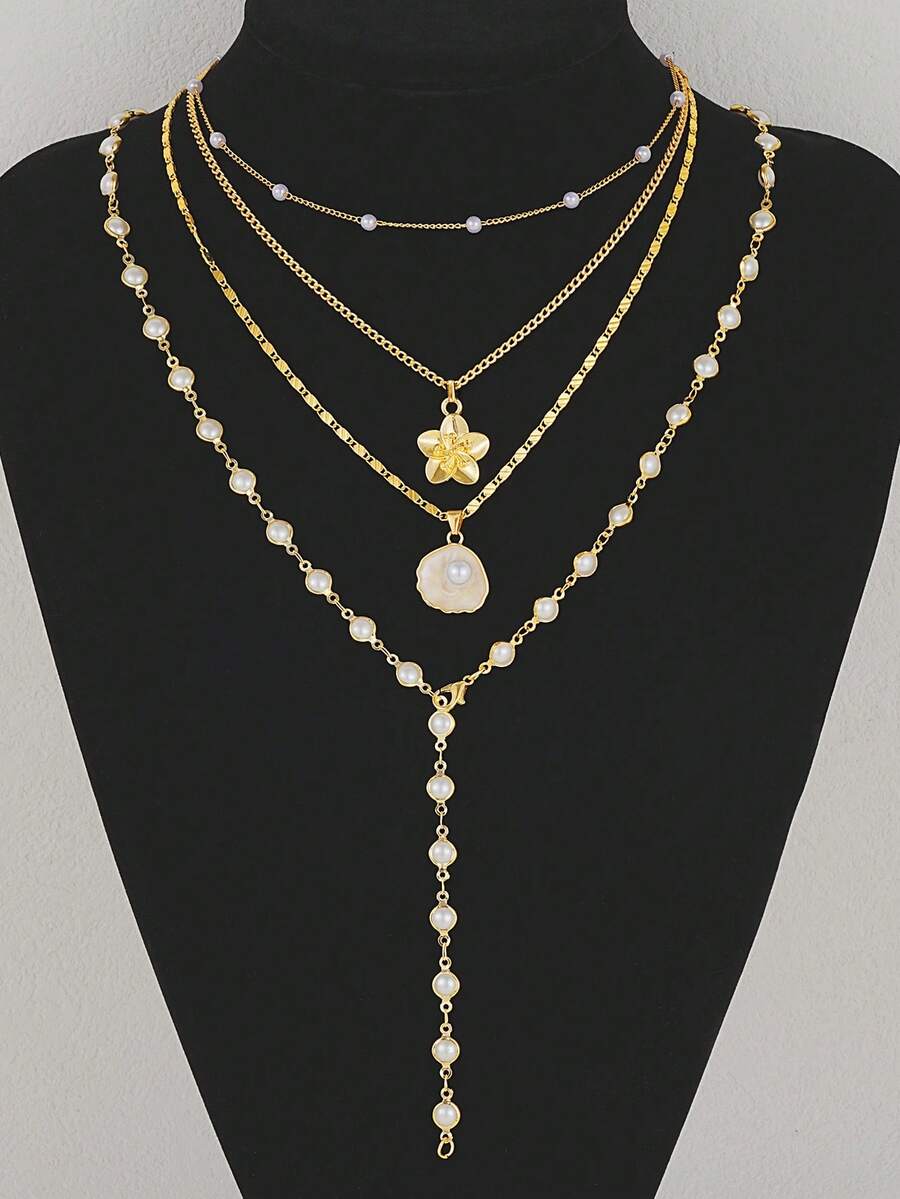 Fashionable Minimalist Bohemian Shell Flower & Faux Pearl Y-Necklace Set