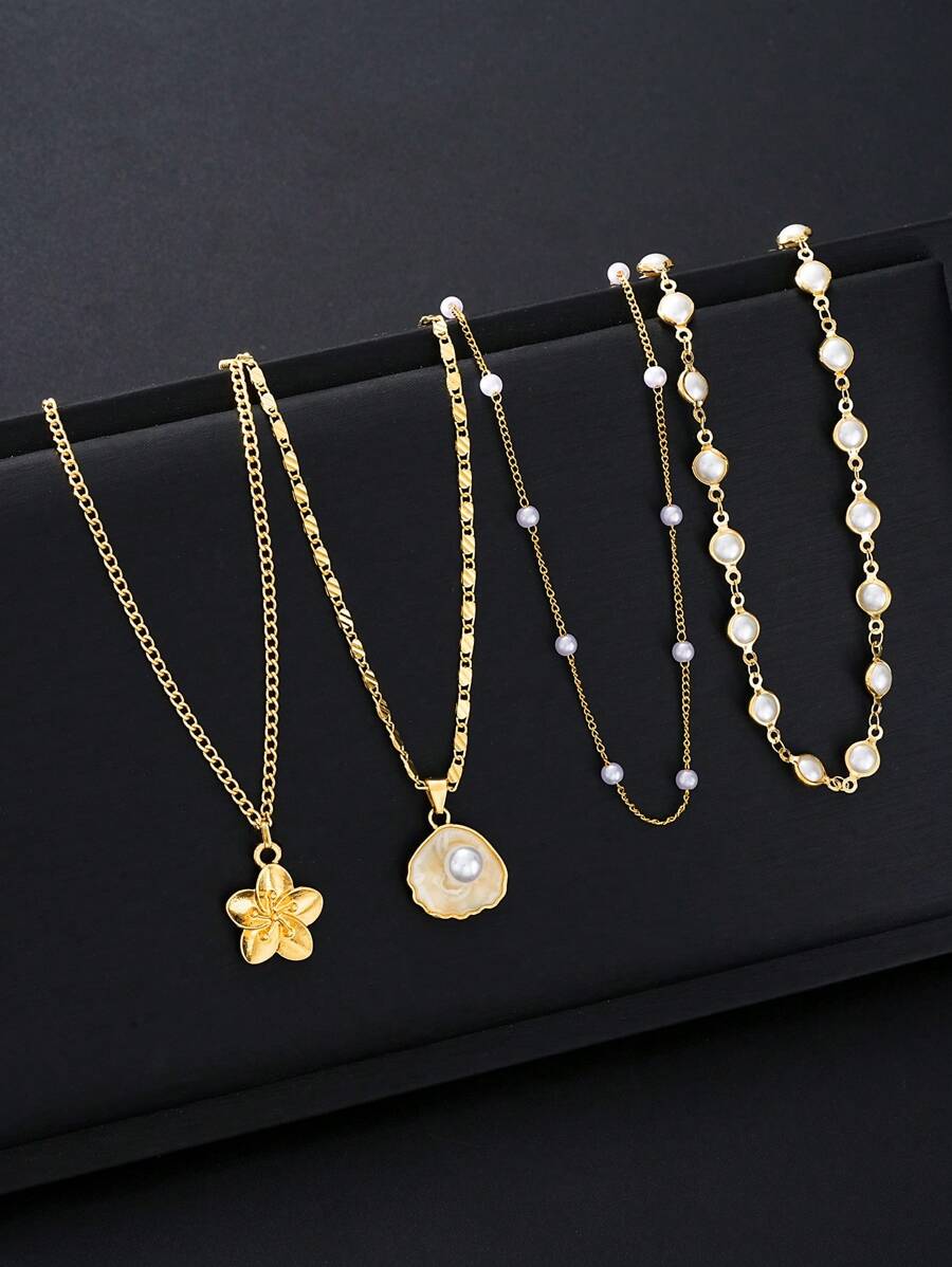 Fashionable Minimalist Bohemian Shell Flower & Faux Pearl Y-Necklace Set