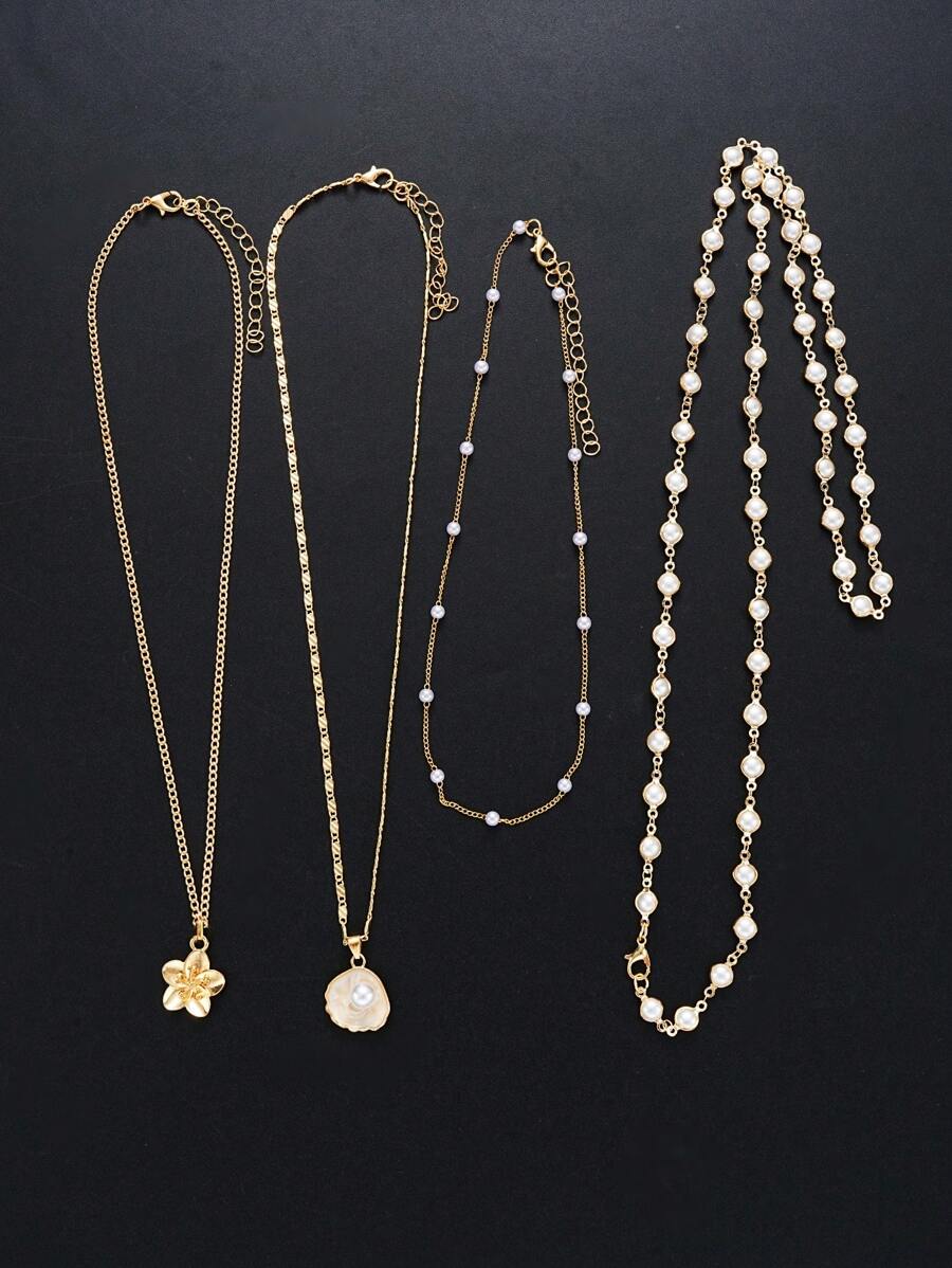 Fashionable Minimalist Bohemian Shell Flower & Faux Pearl Y-Necklace Set