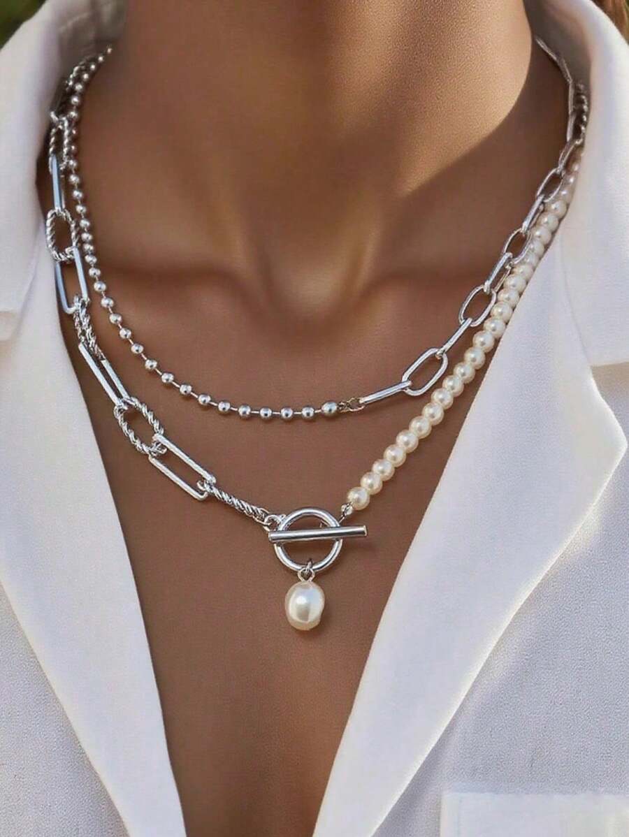 Fashionable Long Pearl Chain Necklace